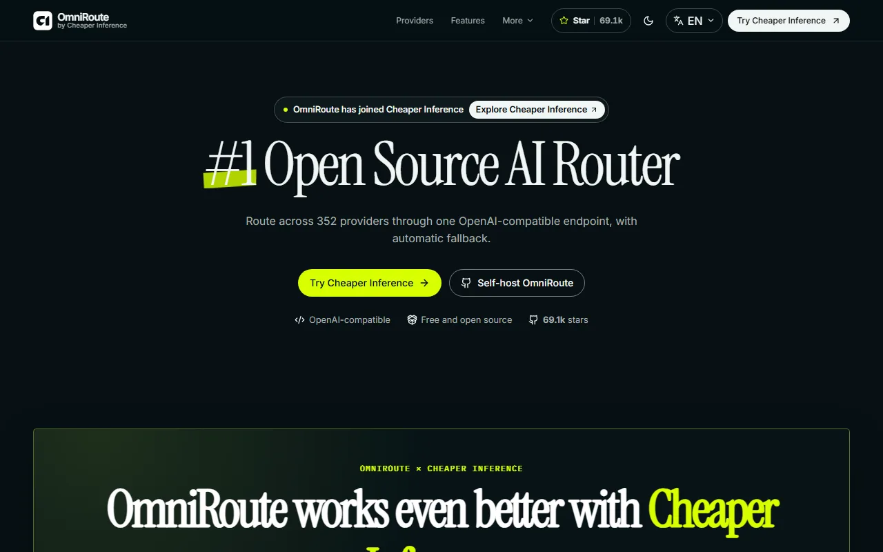 OmniRoute homepage captured September 2026 showing provider count, OpenAI-compatible positioning, and self-host entry point