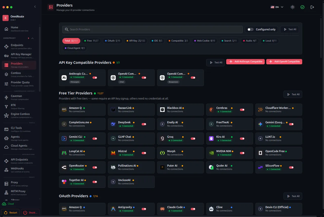 Official OmniRoute dashboard screenshot from the repository showing provider grid, free tier section, and OAuth section