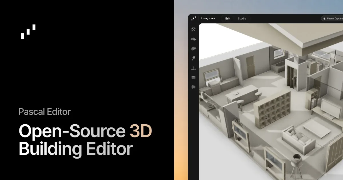 Official Pascal Editor key art showing the 3D living room scene with tool rail and studio top bar
